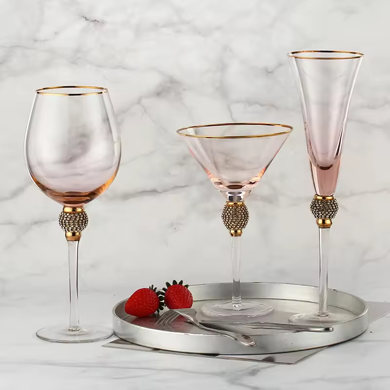 Wedding Long Stem Rhinestone Diamond Studded Toasting Wine Champagne Cocktail Whisky Flutes Glasses Set with Gold Rim