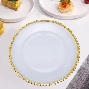 Europe Style Customized Size Tableware Clear White Glass Dinner Plates Round Glass Charger Plates Clear Glass Gold Beaded Plates