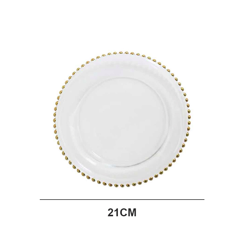 Wholesale Designer Round 13inch Beads Wedding Decoration Dinner Plate Clear Gold Rimmed Glass Charger Plates