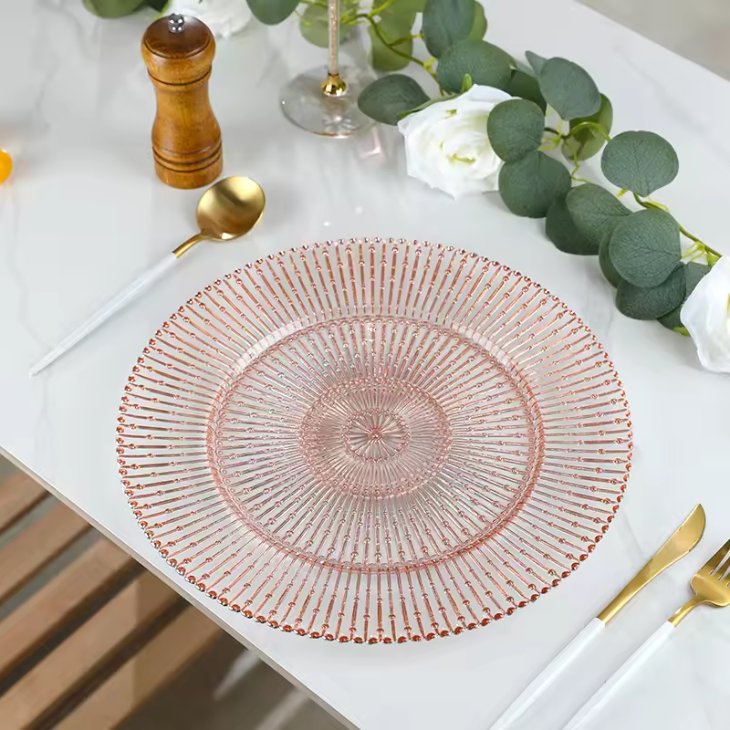 Yunzhifan High Quality Transparent Green Rose Gold Rim 13 inch 500ml Round Glass Tray Serving Dry Fruit Ring Tray with Glass