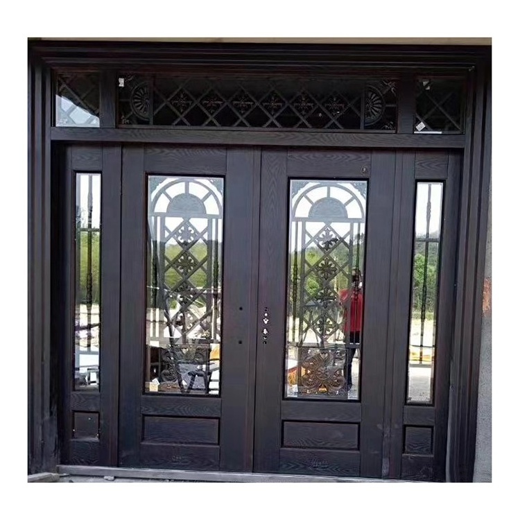 Security Entry House Steel 4 Panel French Door with Safety Design Glass Door Photos Swing Zinc Alloy Villa Main Door 90mm