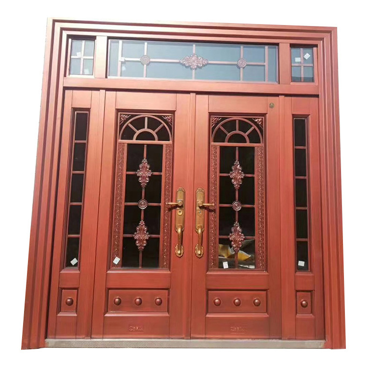 Security Entry House Steel 4 Panel French Door with Safety Design Glass Door Photos Swing Zinc Alloy Villa Main Door 90mm