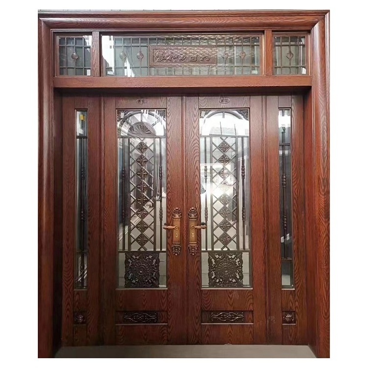 Security Entry House Steel 4 Panel French Door with Safety Design Glass Door Photos Swing Zinc Alloy Villa Main Door 90mm