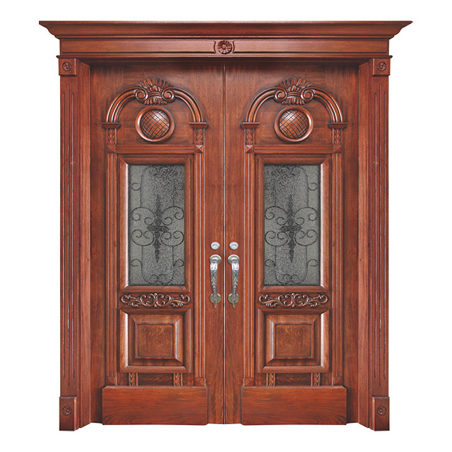 Classic French house main entrance door Main courtyard front door with solid wood spliced planks and glass on both sides