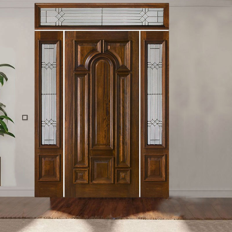 Classic French house main entrance door Main courtyard front door with solid wood spliced planks and glass on both sides