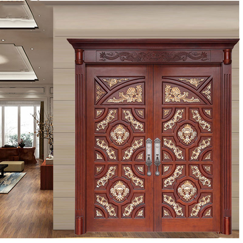 Custom teak plank solid wood doors carved from the main front double doors designed for villa house entry doors