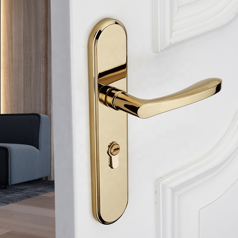 Zinc alloy PVD gold lever interior wooden door lock and wooden door handle panel bedroom door lock