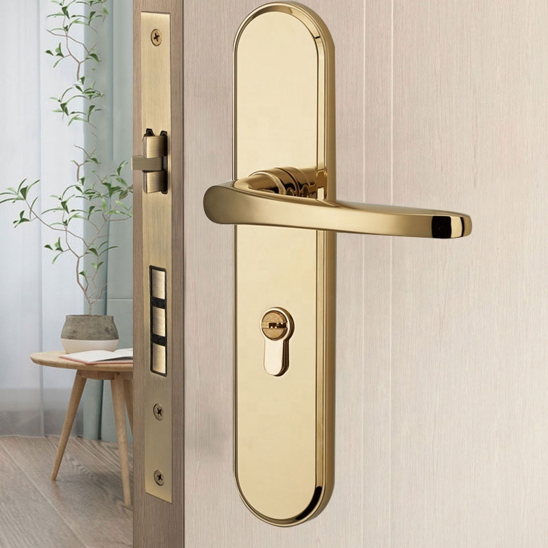 Zinc alloy PVD gold lever interior wooden door lock and wooden door handle panel bedroom door lock