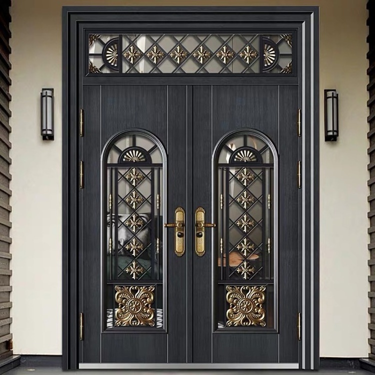 YZH Security Door Exterior Front Double Steel Zinc Alloy with Pattern Glass Design Luxury Villa Door Modern Manual Others Doors