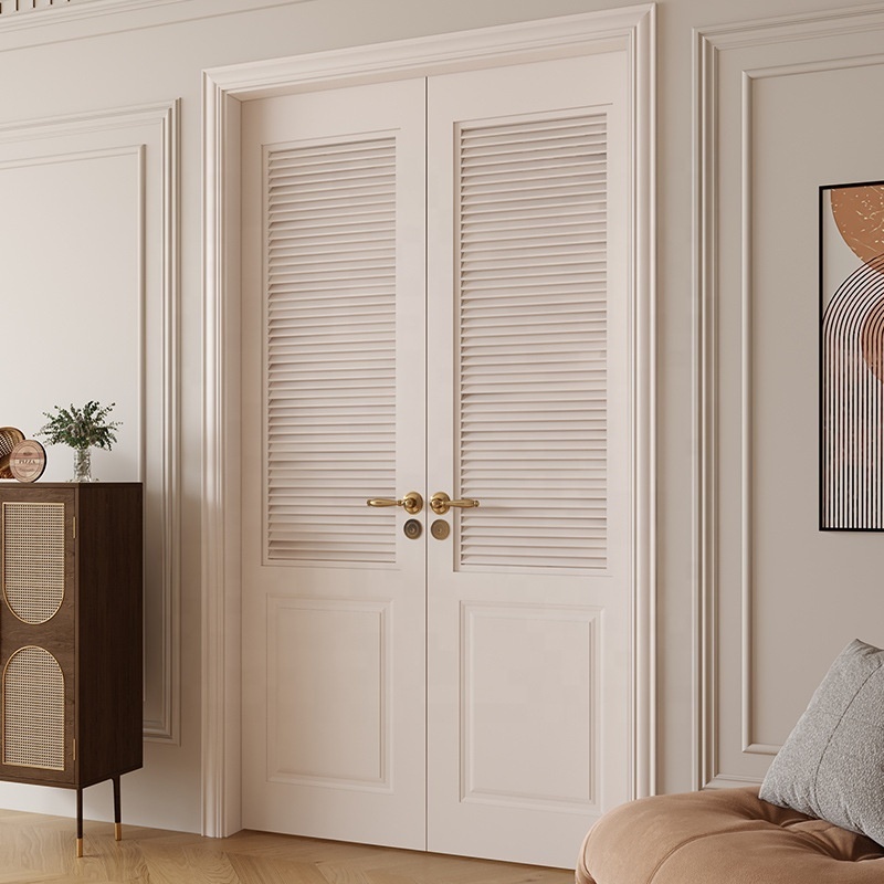 Customized French style solid wood painted bedroom door with white louvers indoor facing door