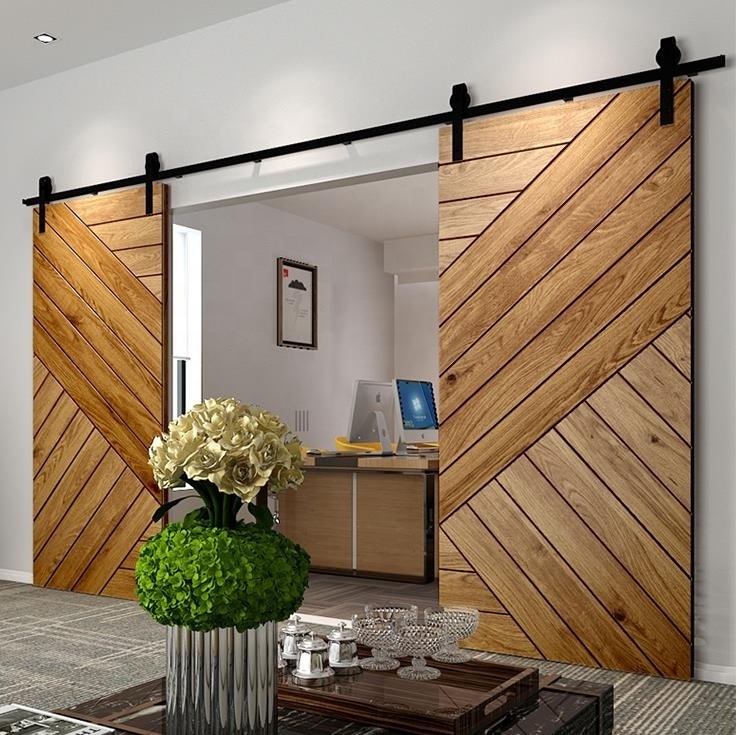 Heavy duty rolling solid wood double opening barn door hardware kit external smart sliding winery barn door