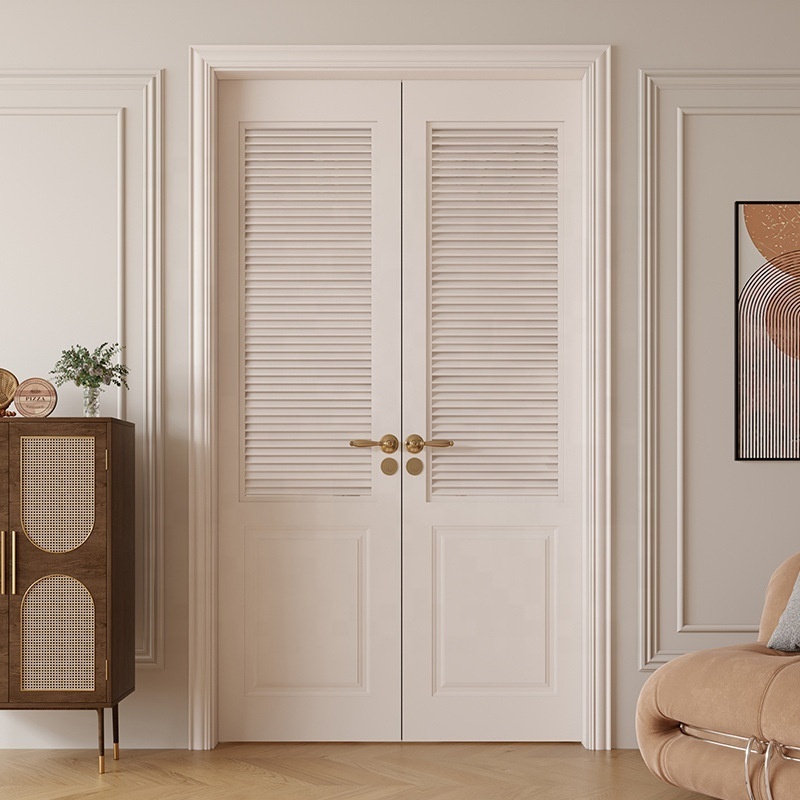 Customized French style solid wood painted bedroom door with white louvers indoor facing door