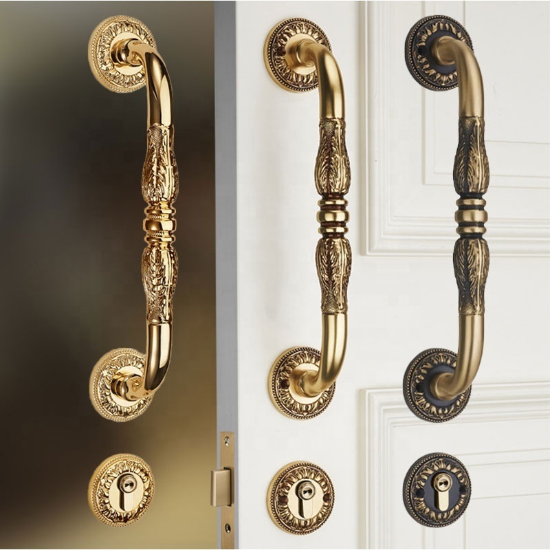 Pure copper French double open door lock and large handle villa meeting room wooden door carved door lock set