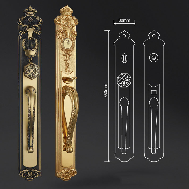 Popular 24K gold high precious brass carved main door wooden lock Villa brass door handle lock set