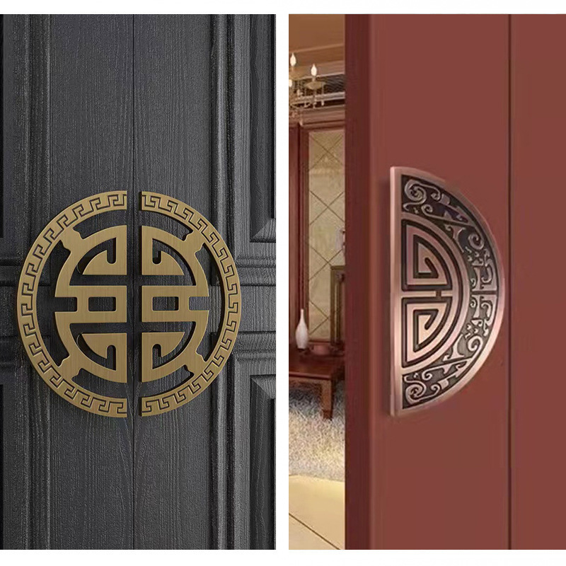 Carved semi-circular door handles Hotel sliding doors Aluminum alloy villa bronze glass and wooden door handles