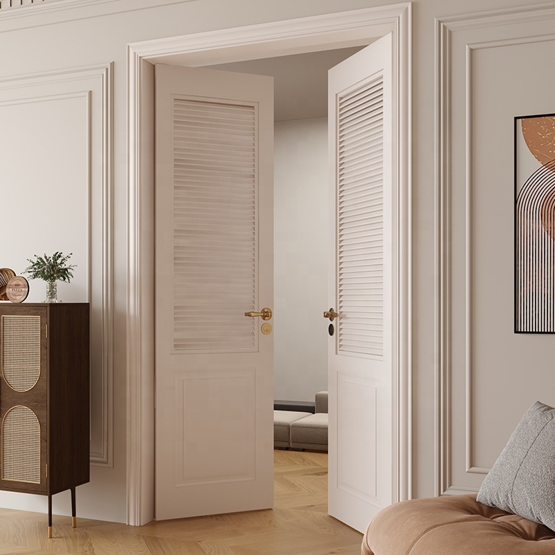 Customized French style solid wood painted bedroom door with white louvers indoor facing door