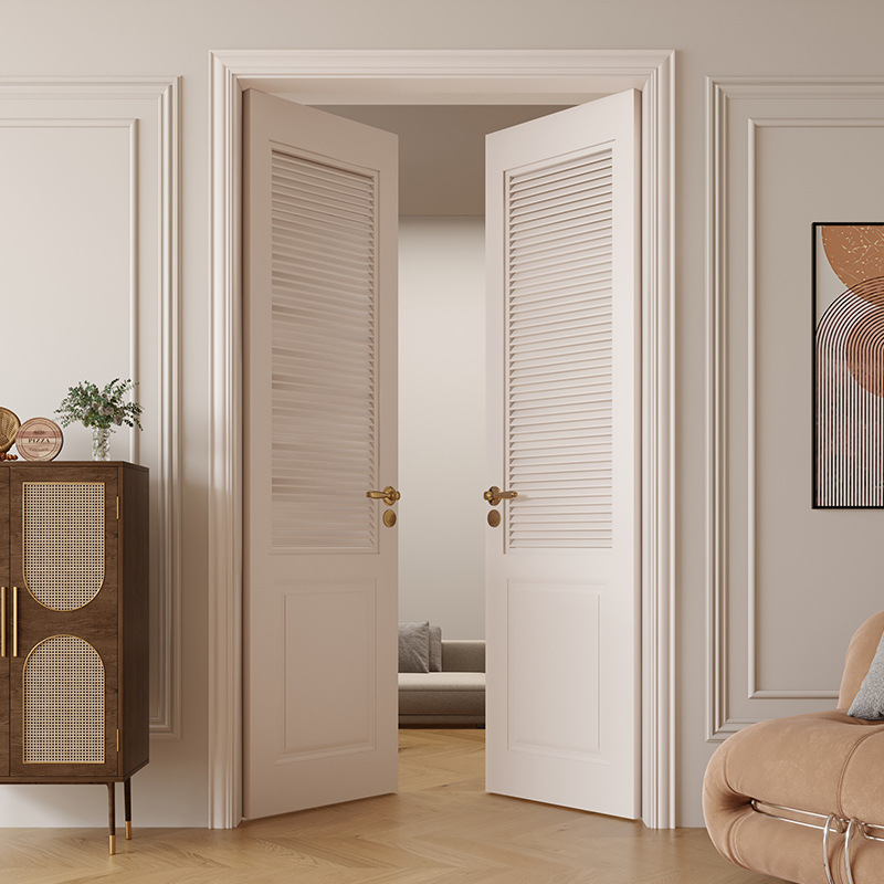 Customized French style solid wood painted bedroom door with white louvers indoor facing door