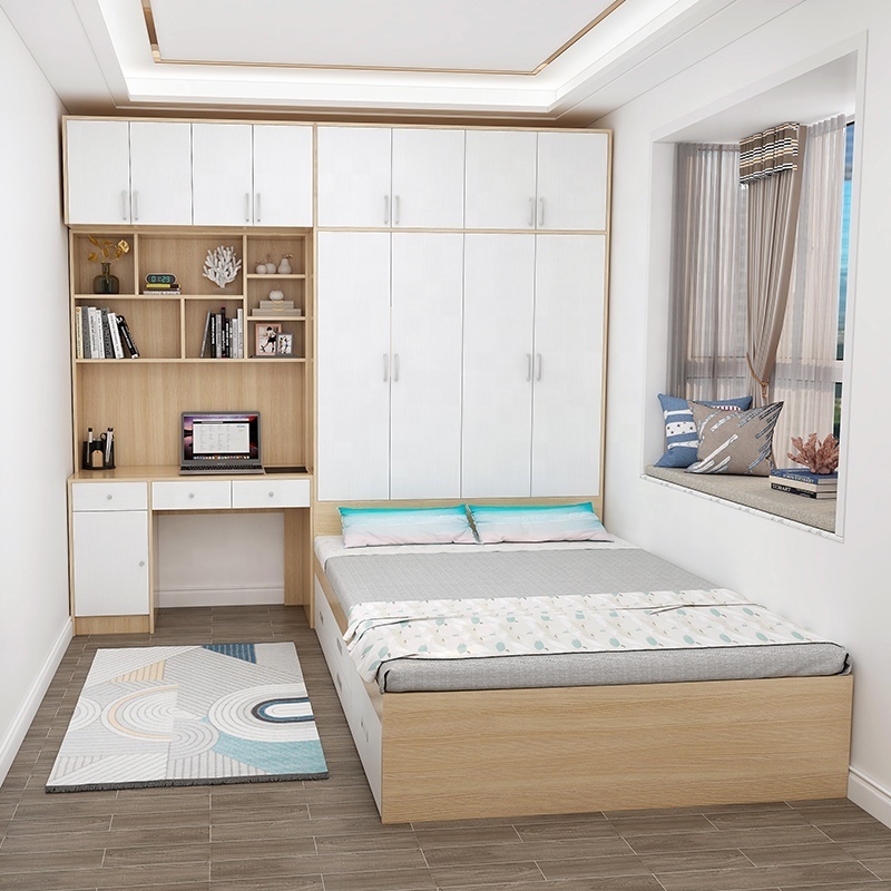 Modern apartment bedroom pull down bed wooden adult storage cabinets Custom headboard full wall cabinet design