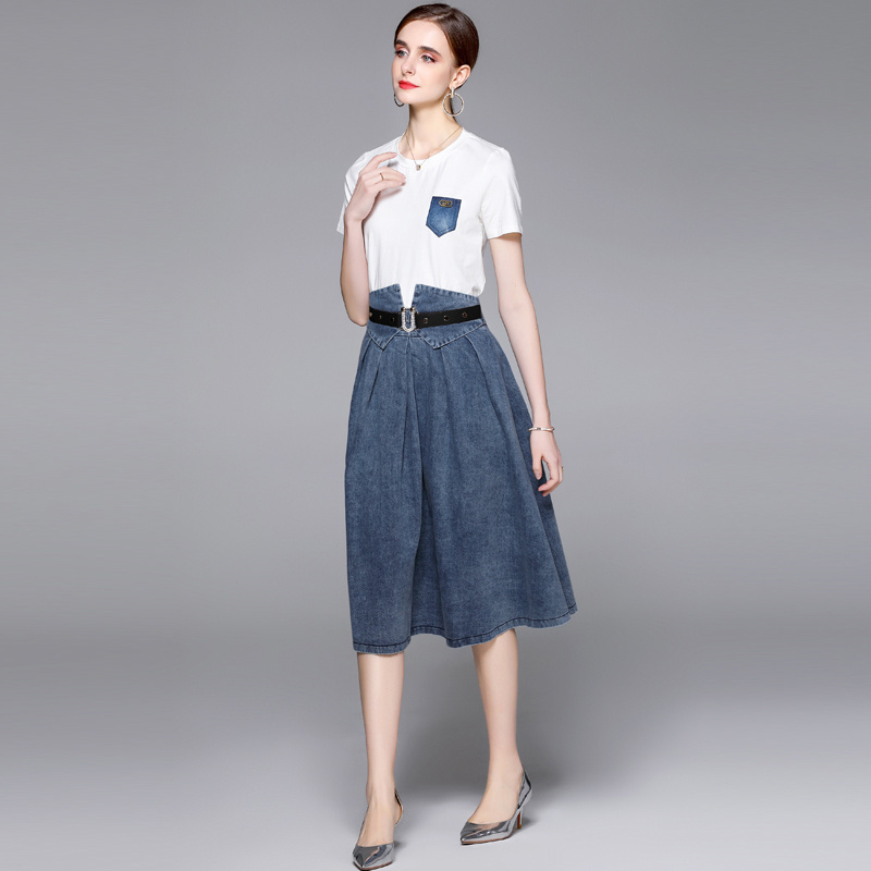 2022 summer new white T-shirt + denim slim and high waist temperament umbrella skirt TS3523095