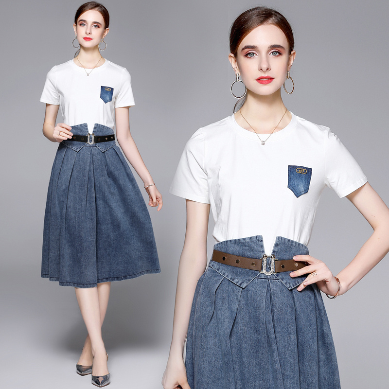 2022 summer new white T-shirt + denim slim and high waist temperament umbrella skirt TS3523095