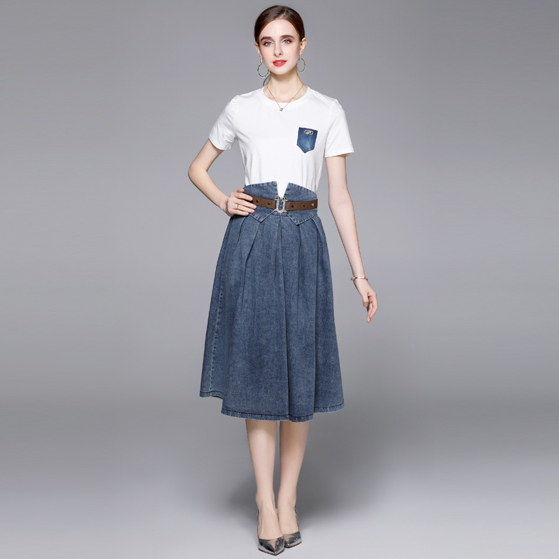 2022 summer new white T-shirt + denim slim and high waist temperament umbrella skirt TS3523095