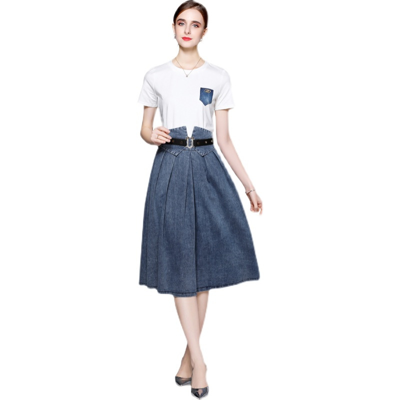 2022 summer new white T-shirt + denim slim and high waist temperament umbrella skirt TS3523095