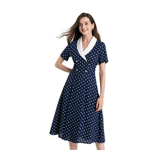 Summer French high-end ladies waist suit collar wave point mid-length A-word large swing skirt XA9155070