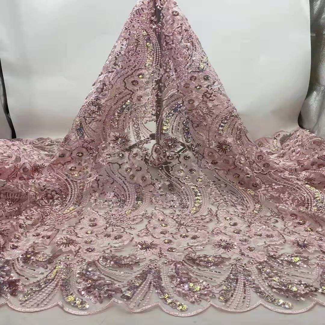 European Milan Fashion Evening Dress Fabric Stripe Sequins Lace With  Beads Elegant Pearl Lace Fabric For Nigerian Wedding Dress