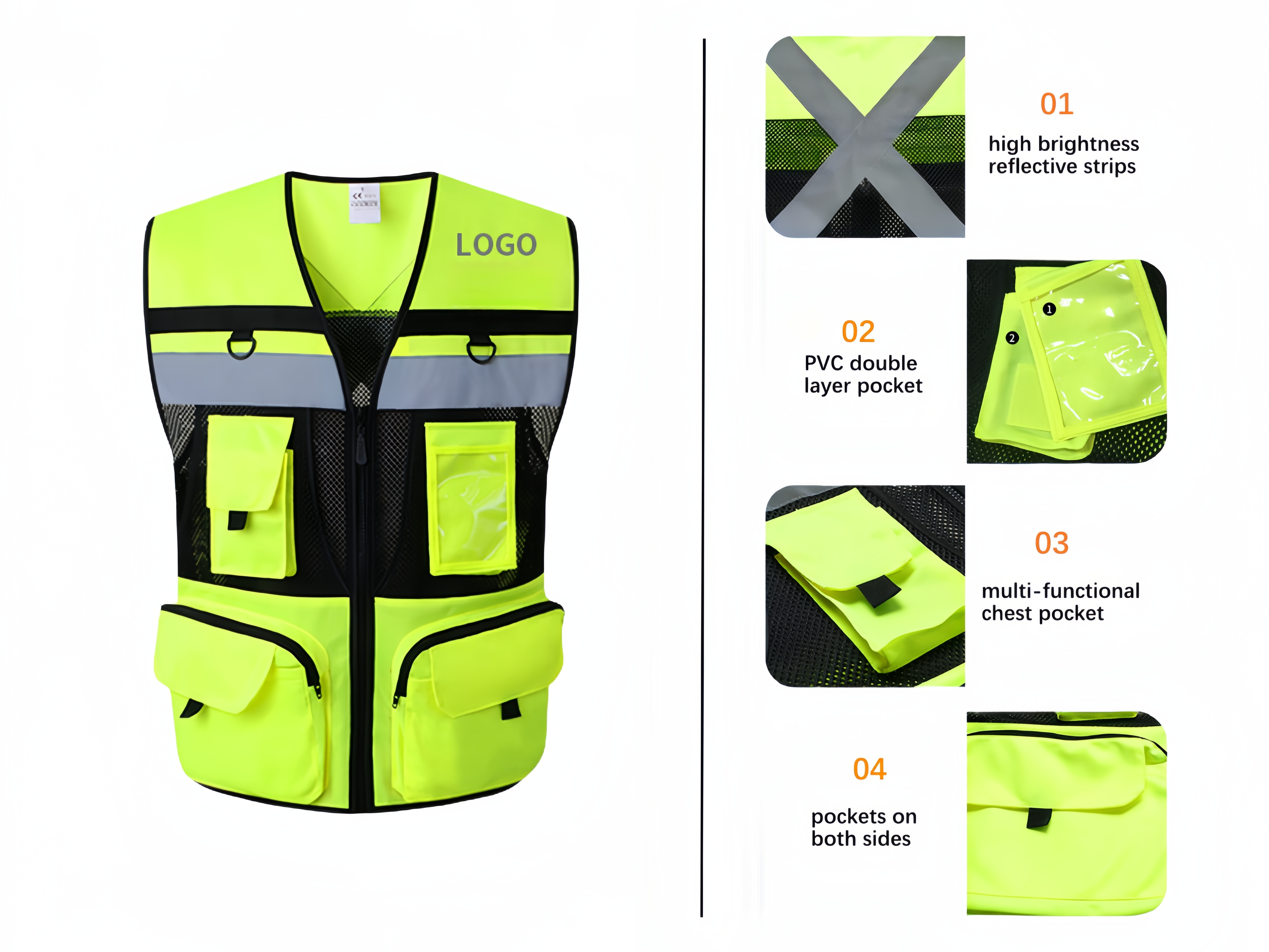 Wholesale Construction Security Vest High Quality Safety Clothing Customs Workwear Reflective Safety Vest with Pockets