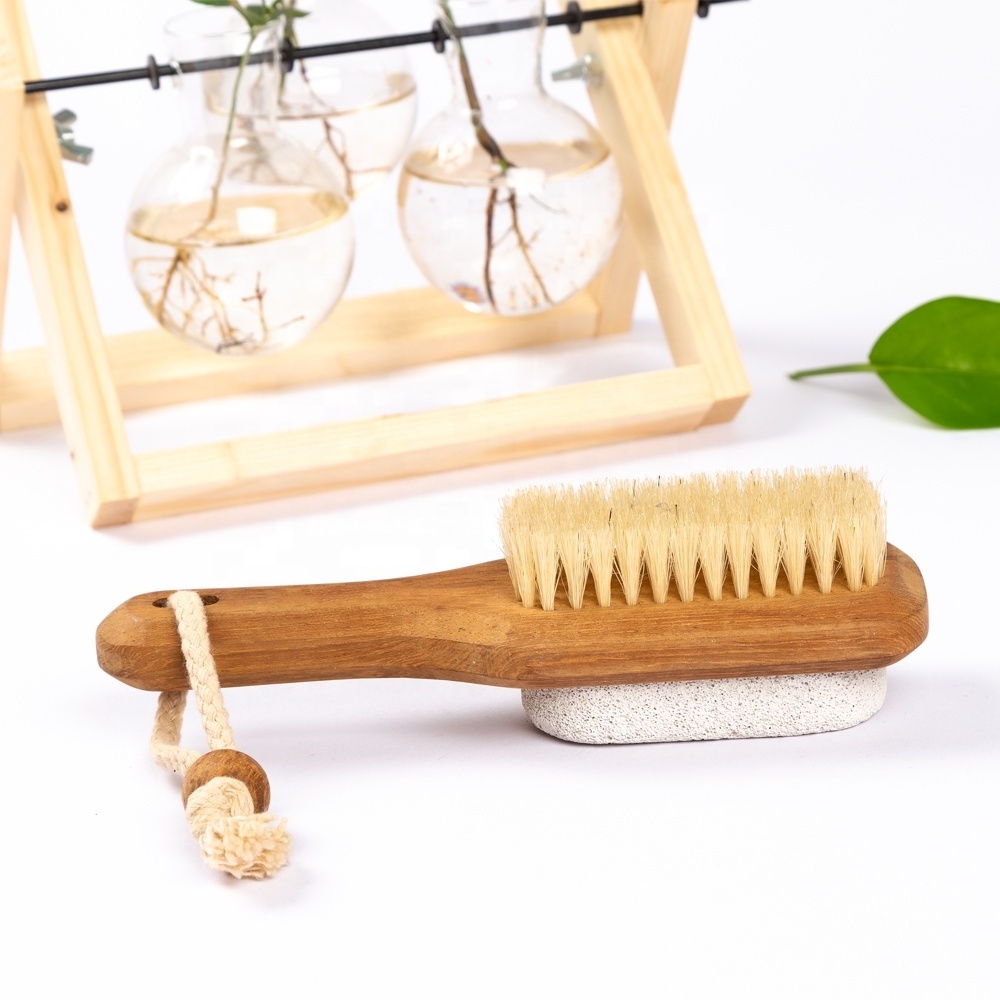 Manufacturer  teak Wooden Bamboo Handle Massage Shower Exfoliating Boar Bristle With Pumice Stone Bath Brush