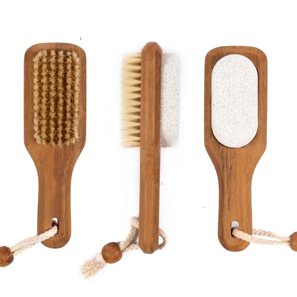 Manufacturer  teak Wooden Bamboo Handle Massage Shower Exfoliating Boar Bristle With Pumice Stone Bath Brush