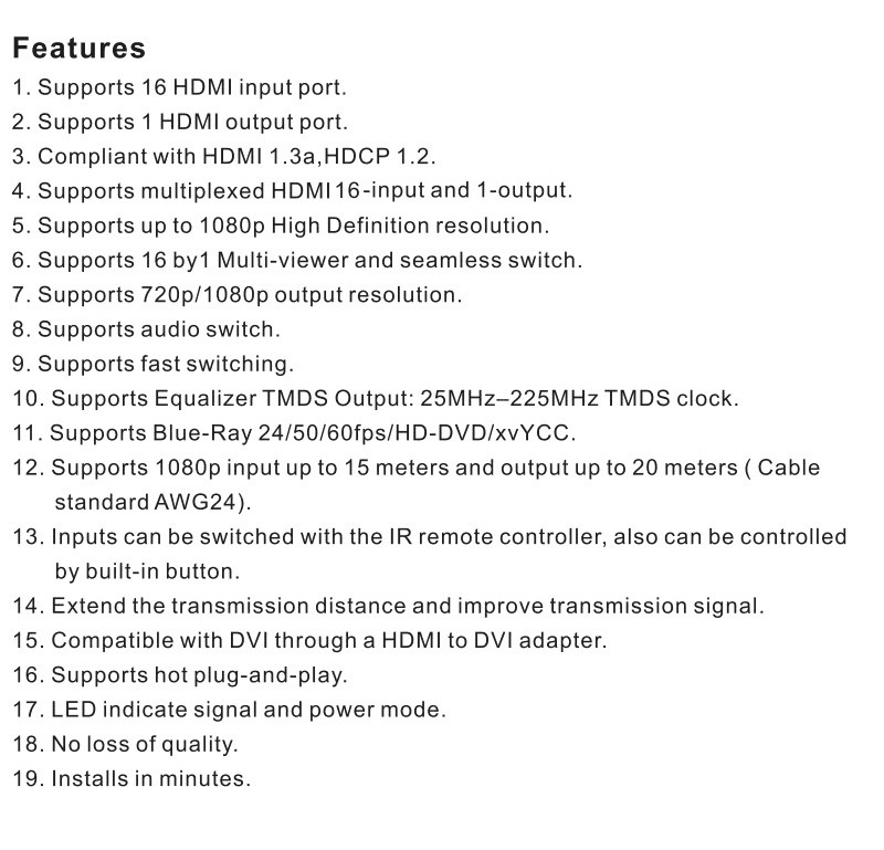 Factory Support 1080P HDMI switch 16x1 multiviewer with seamless switcher 16 port