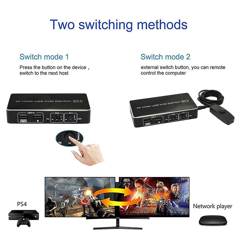 OEM ODM hotkey hdmi kvm switcher 4k 1 input 2 output computer 2 ports displayport dual usb hdmi kvm switches