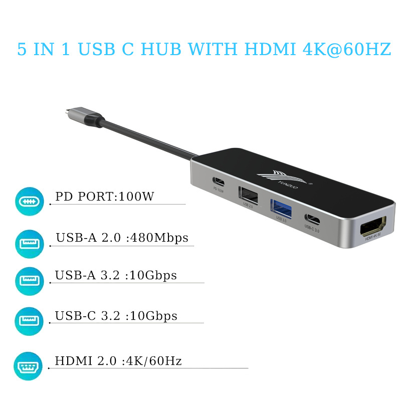 5 in 1 usb 3.0 4k hdmi laptop pd 100w usb a multiport adapter ports gen 3.2 2.0 4k 60hz usb-c docking station hub