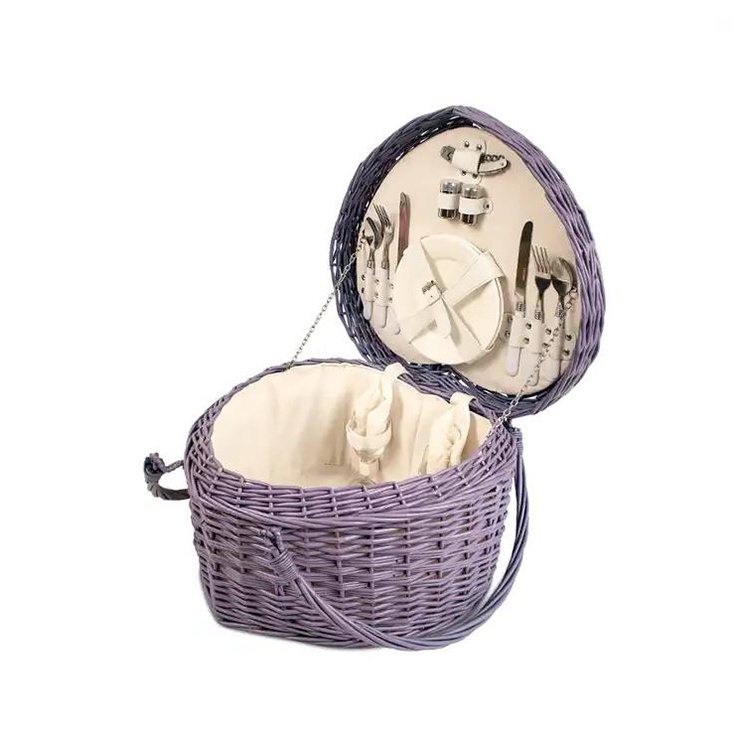 YRMT Wedding Gift Hamper Picnic 2 Person Set Couple Gifts Purple Wicker Heart Shaped Picnic Basket