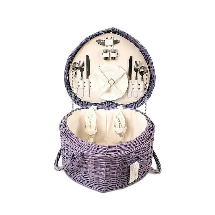 Purple Valentine Day Gift 2 Person Set Wicker Heart Shaped Picnic Basket Couple Gifts