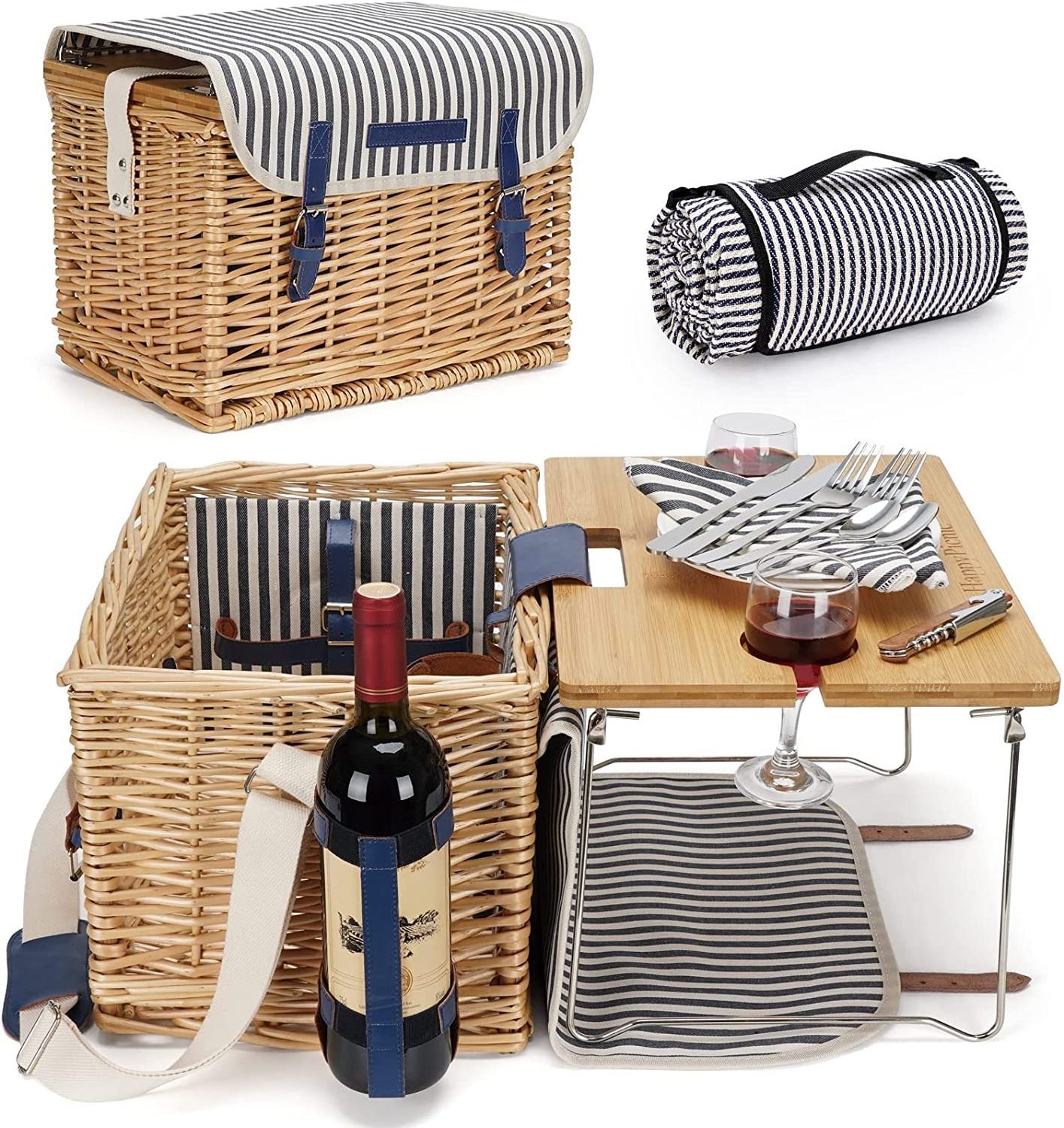 Willow Hamper Service Gift Set with Bamboo Wine Table Wicker Picnic Basket for 3 Persons Picnic set