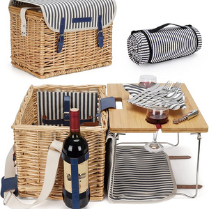 Willow Hamper Service Gift Set with Bamboo Wine Table Wicker Picnic Basket for 3 Persons Picnic set