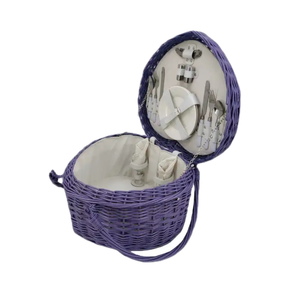 Purple Valentine Day Gift 2 Person Set Wicker Heart Shaped Picnic Basket Couple Gifts