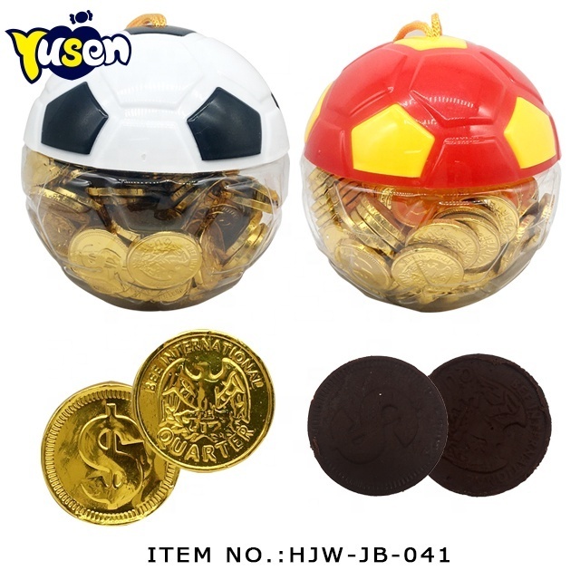 New Type Hot Selling High Quality Funny Plastic Football Jar Delicious Sweet Gold Coin Chocolate Candy