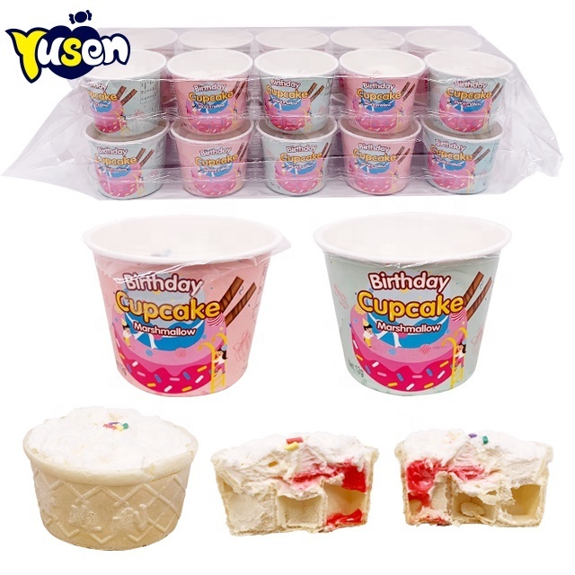 New arrival Halal delicious birthday cake marshmallow cup center filled jam marshmallow candy