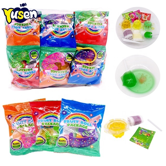 Factory new product sugar coated multi-color sour candy belts soft gummy candy roll jam jelly popping candy