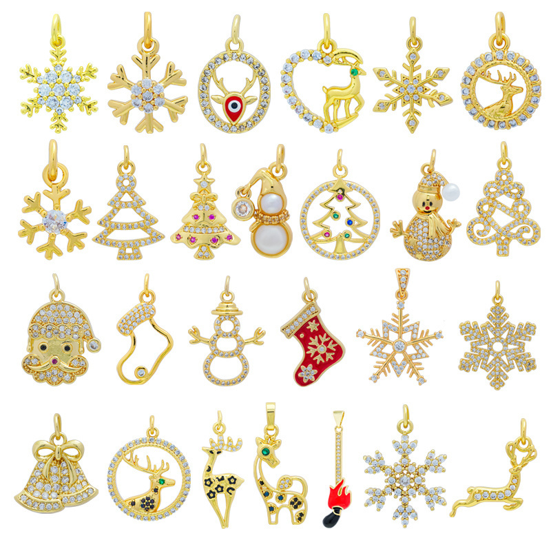 Cute Snowflake Snowman Christmas Tree Socks Elk Brass Zircon Charm Gold Plated Enamel Xmas Pendants For Necklace Bracelet Making