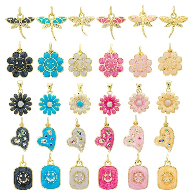 Cute Colorful 18K Gold Flower Oil Drop Charms Smiley Face Heart Enamel Pendant Necklace Dripping Oil Pendants For Jewelry Making