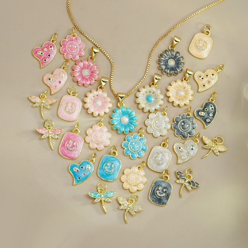 Cute Colorful 18K Gold Flower Oil Drop Charms Smiley Face Heart Enamel Pendant Necklace Dripping Oil Pendants For Jewelry Making