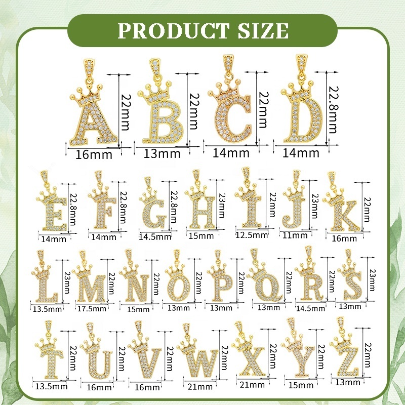 A-Z Letter Crown Charms Zircon Initial Alphabet  Brass Cubic Zirconia Diy Letter Pendants For Necklace Hip Hop Women Man Jewelry