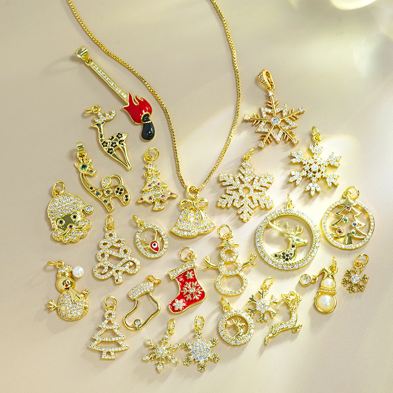 Cute Snowflake Snowman Christmas Tree Socks Elk Brass Zircon Charm Gold Plated Enamel Xmas Pendants For Necklace Bracelet Making