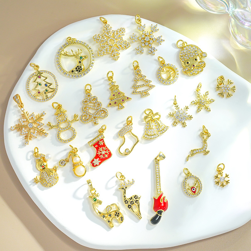 Cute Snowflake Snowman Christmas Tree Socks Elk Brass Zircon Charm Gold Plated Enamel Xmas Pendants For Necklace Bracelet Making