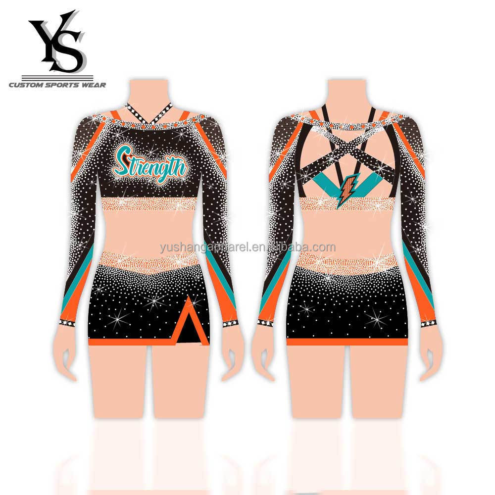 youth rhinestones american cheerleading uniform plus size orange long sleeve cheerleading uniforms