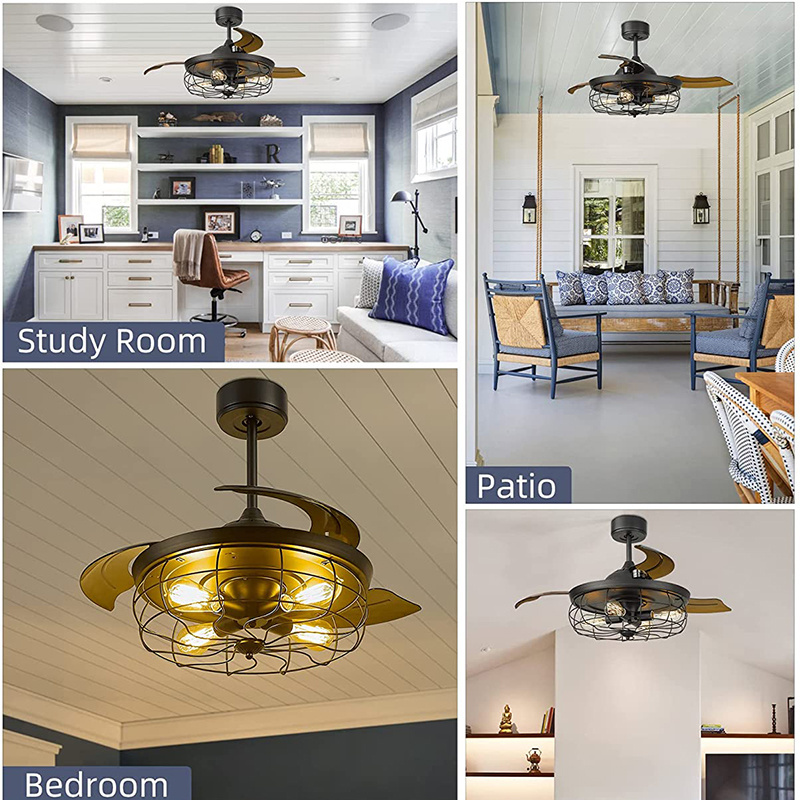 Retro industrial foldable blades chandelier fan ceiling fan light kit retractable cage ceiling fan with light